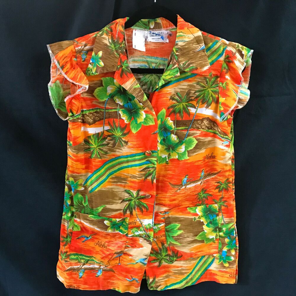 Pacific Island Creations Hawaiian Shirt Womens Palm Trees Sunset Beach 10